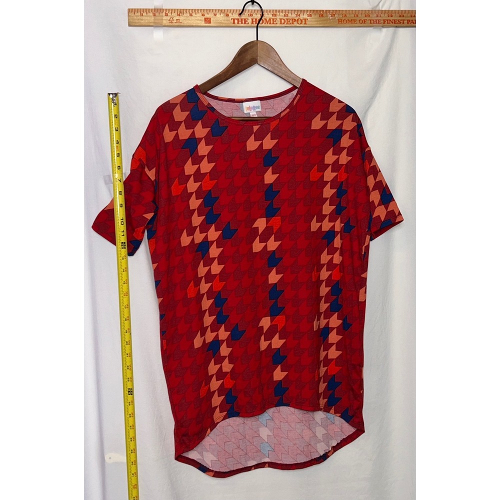 LuLaRoe Irma Tunic Top XXS Red‎ Orange Geometric Chevron High Low Short Sleeve